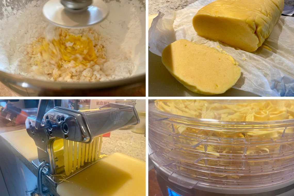 Glutenfri dej udrulle i pastamaskine. Glutenfri pasta med æg fra egne høns